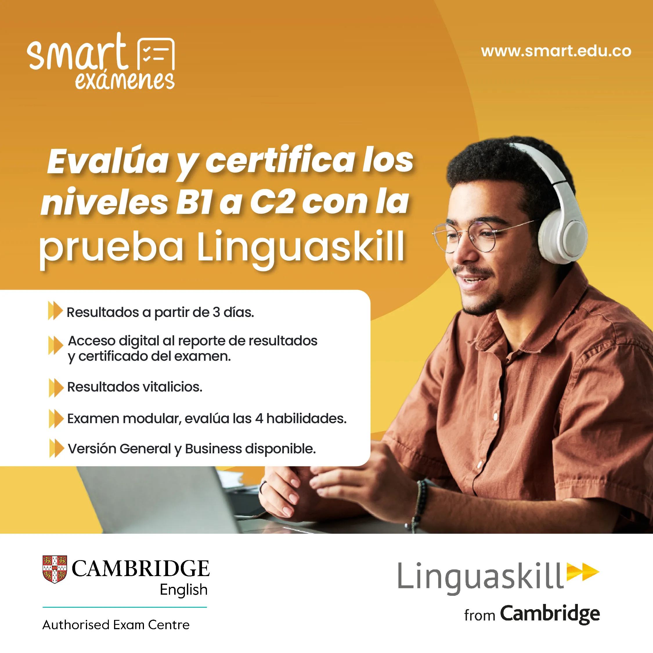 Pieza gráfica del examen Linguaskill de Cambridge English en Smart, centro autorizado de aplicación