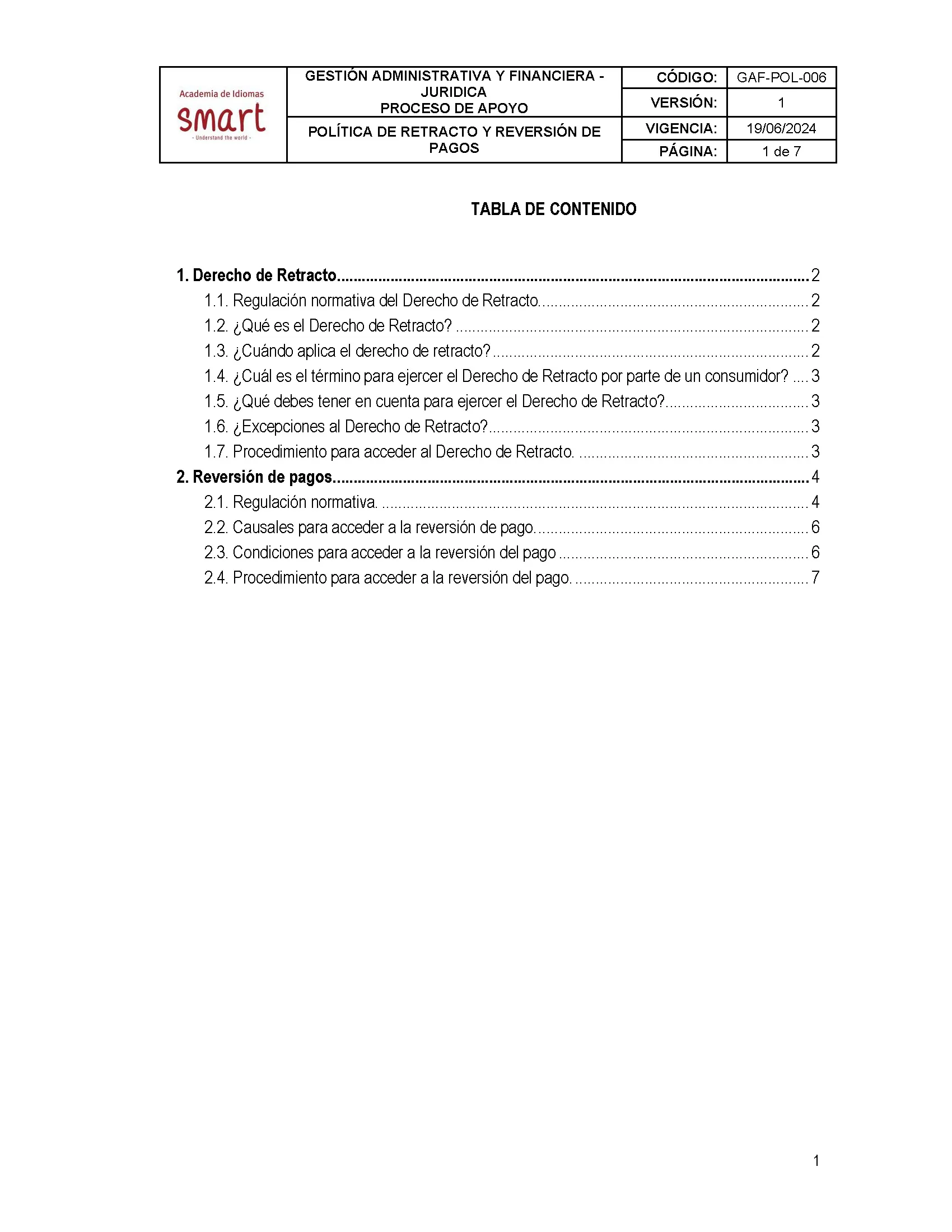 Política de retracto y reversión de pagos — página 1 de 7