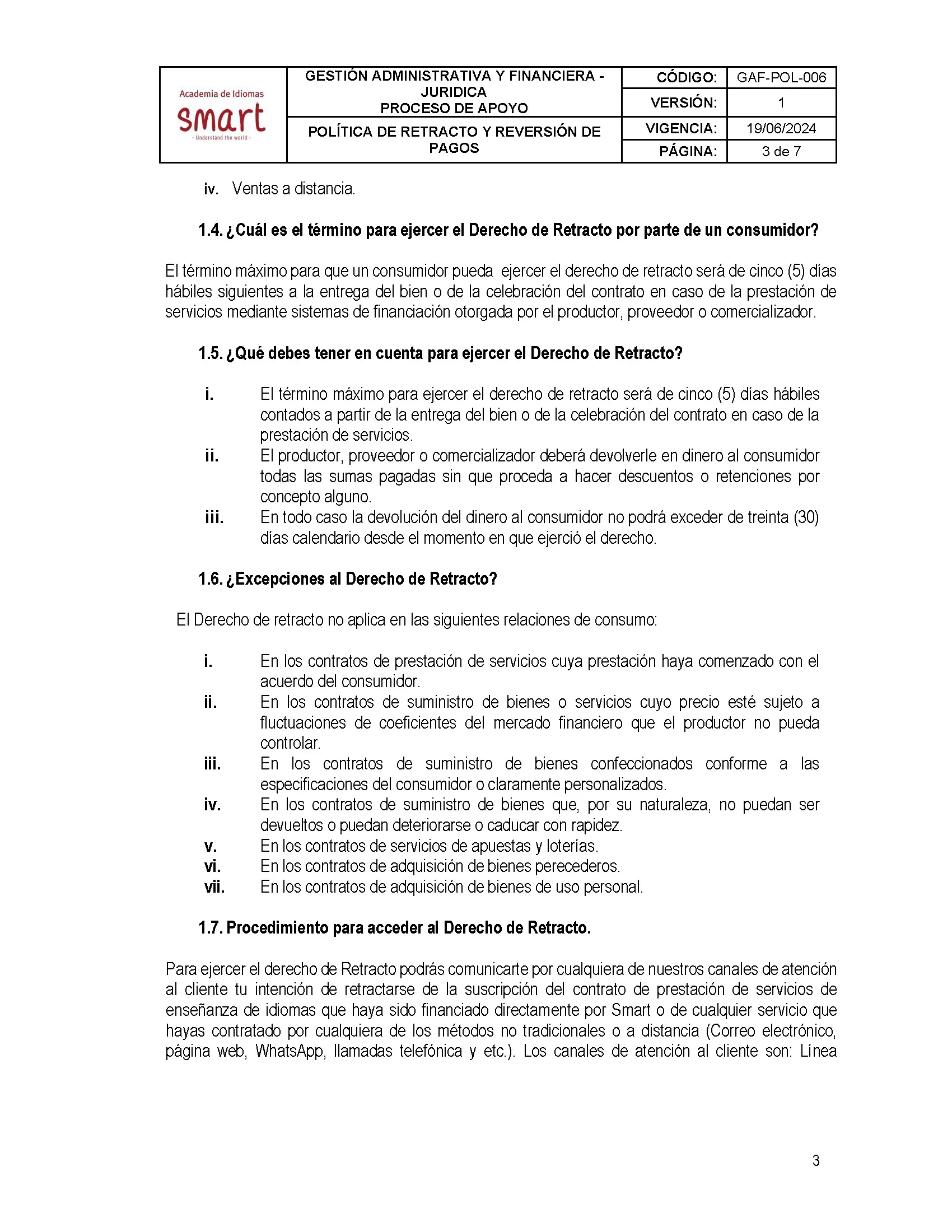 Política de retracto y reversión de pagos — página 3 de 7