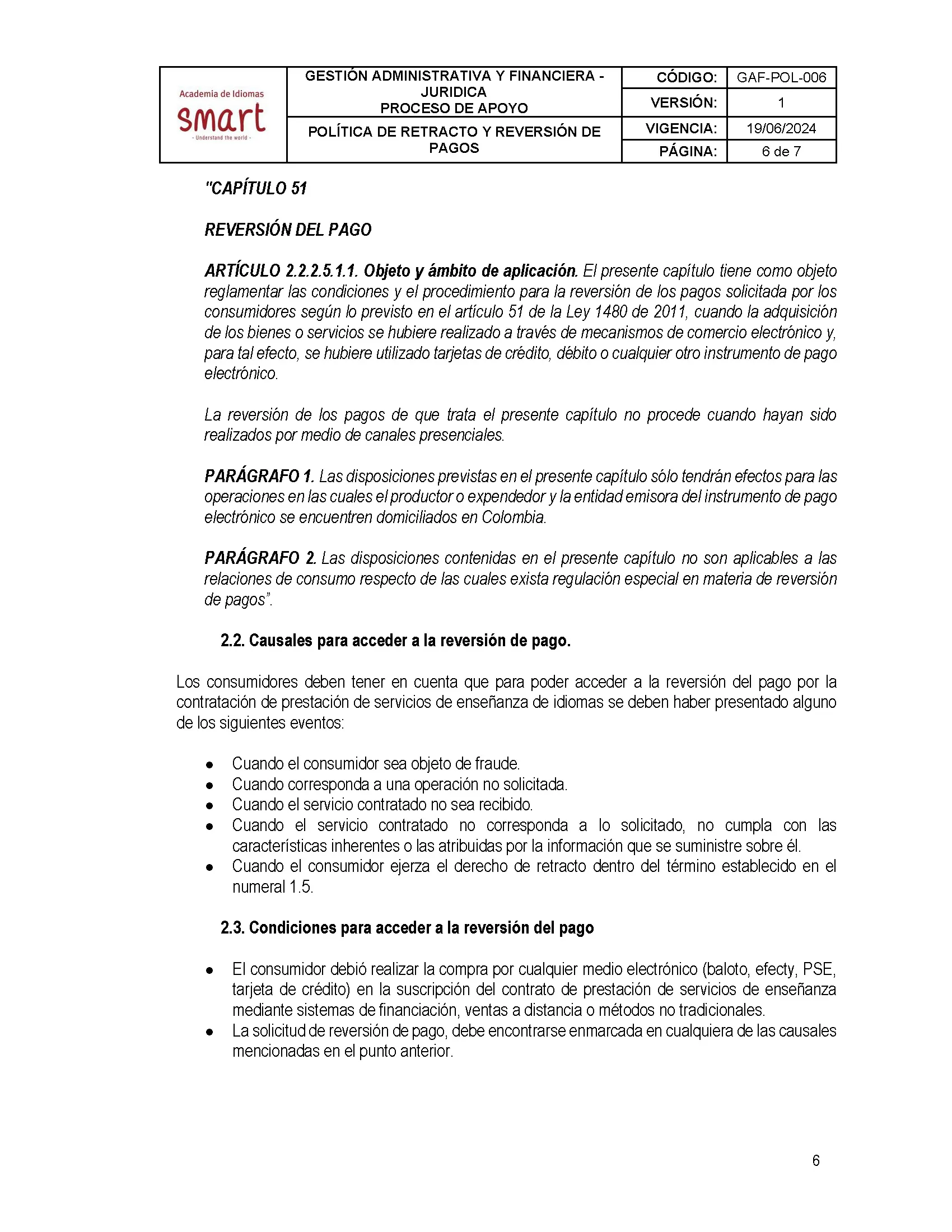 Política de retracto y reversión de pagos — página 6 de 7
